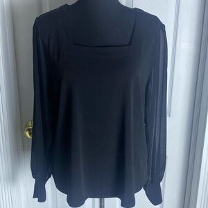 Premise Black Square Neck Blouse Sheer Long Sleeves Solid Wristband Sz XL NWT